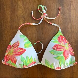 Tropical Floral Bikini Top Women XL Beaded Hibiscus Triangle Swim Pink Green